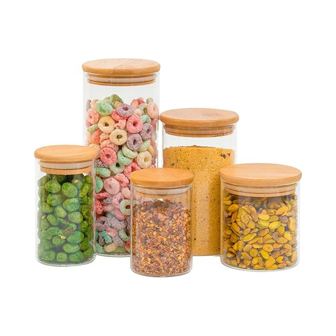 Solução curada: Kit 5 potes de vidro com tampa de bambu herméticos redondos